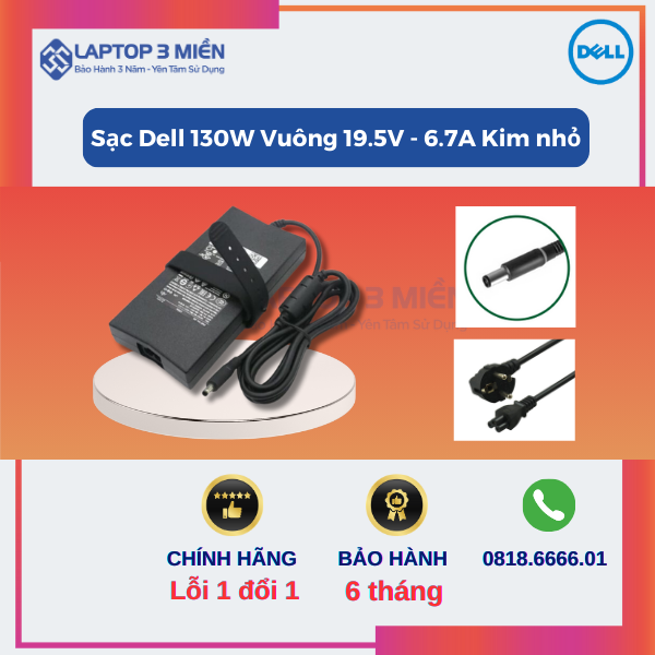 Sạc Dell 130W Vuông 19.5V-6.7A Kim Nhỏ 1 Sac Dell 130W Vuong 19.5V 6.7A Kim nho 1
