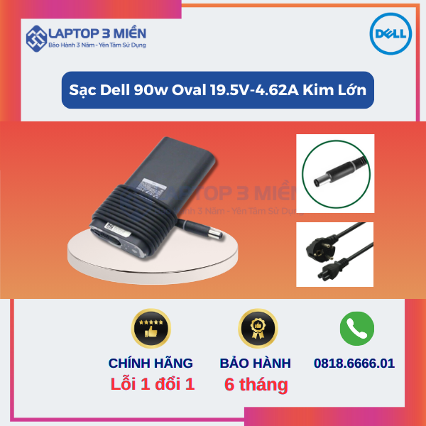 Sạc Dell 90W Oval 19.5V-4.62A Kim Lớn Chính Hãng 1 Sac Dell 90W Oval 19.5V 4.62A Kim Lon