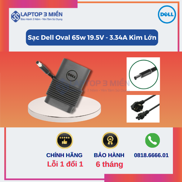 Sạc Dell 65w Oval 19.5v-3.34A Kim Lớn Chính Hãng 1 Sac Dell Oval 65w 19.5V 3.34A Kim Lon